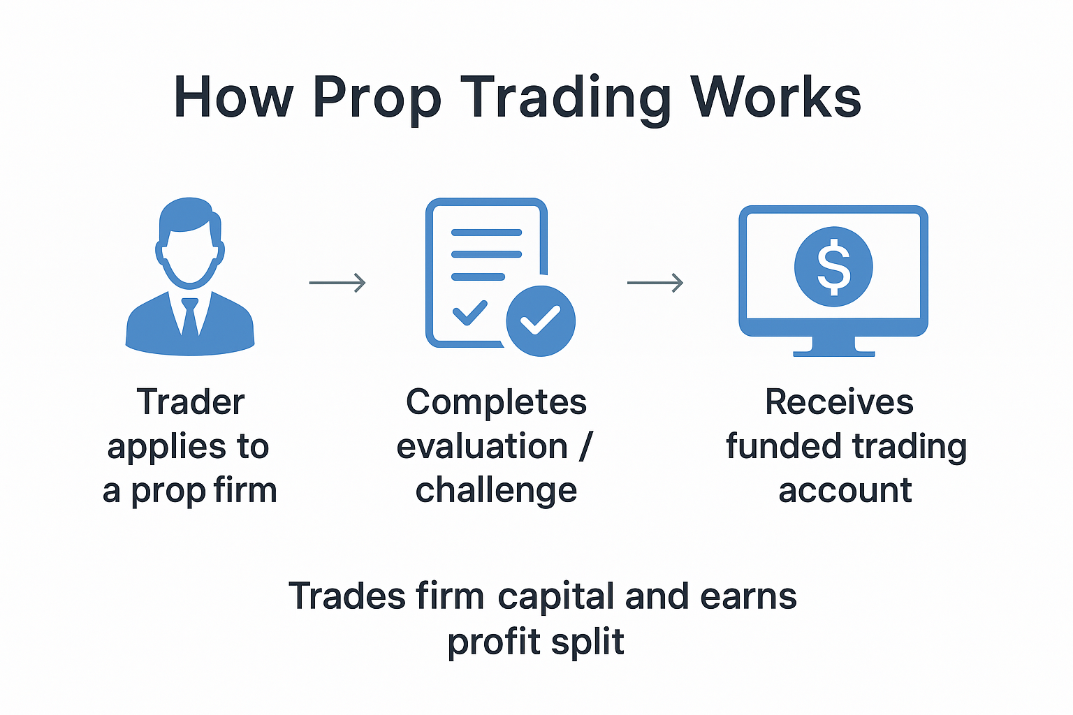 Diagram showing how prop trading works from evaluation to funded trading account