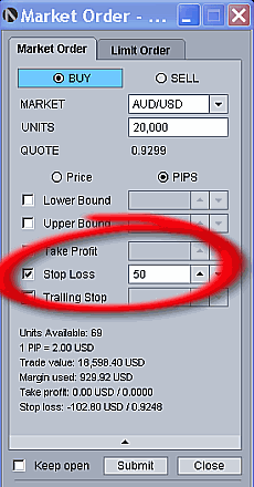 Stop loss order with OandaFX platform